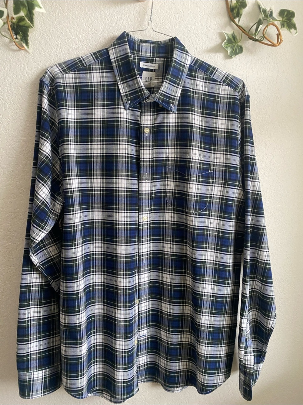 GAP Men's Navy and White Plaid Button-Down Shirt